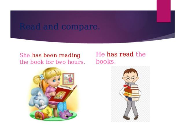 Read and compare. She has been reading the book for two hours. He has read the books. 