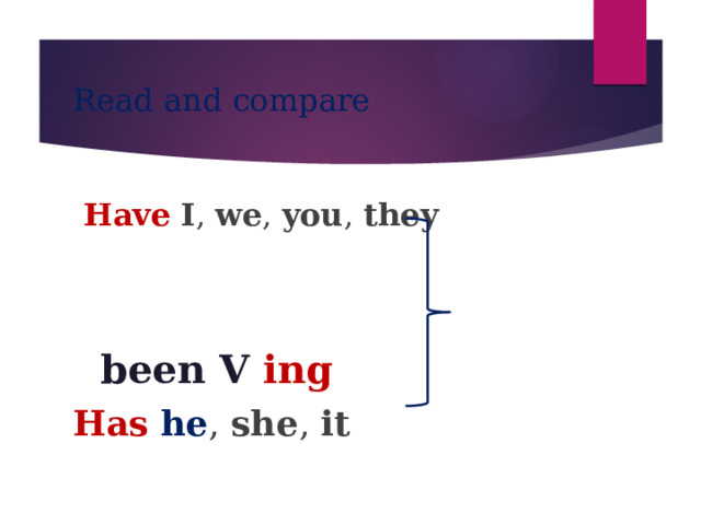 Read and compare  Have  I , we , you , they   been V ing Has he , she , it 
