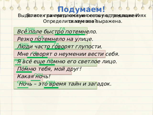 Подумаем! Во всех ли предложения есть подлежащее И сказуемое? Выделите грамматическую основу в предложениях Определите чем она выражена. сущ. гл. Всё поле быстро потемнело. Резко потемнело на улице. Люди часто говорят глупости. Мне говорят о неумении вести себя. Я всё еще помню его светлое лицо. Помню тебя, мой друг! Какая ночь!  Ночь – это время тайн и загадок.  гл. сущ. гл. гл. мест. гл. гл. сущ. сущ. сущ. 