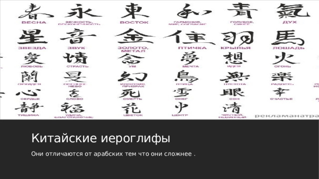 Китайские иероглифы Они отличаются от арабских тем что они сложнее . 