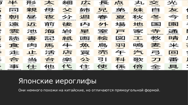 Японские иероглифы Они немного похожи на китайские, но отличаются прямоугольной формой. 