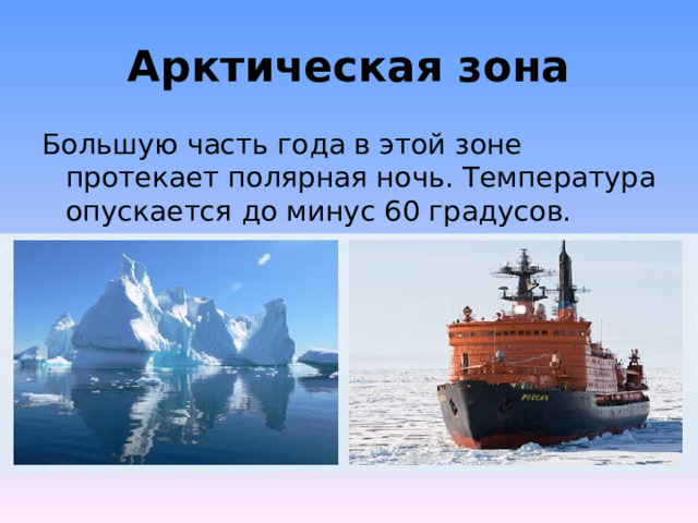 Арктическая зона Большую часть года в этой зоне протекает полярная ночь. Температура опускается до минус 60 градусов. 