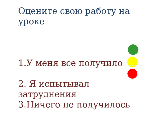 Оцените свою работу на уроке 1.У меня все получилось 2. Я испытывал затруднения 3.Ничего не получилось 