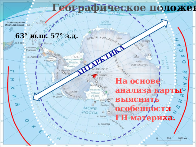 Географическое положение АНТАРКТИКА 63° ю.ш. 57° з.д. На основе анализа карты выяснить особенности ГП материка. 