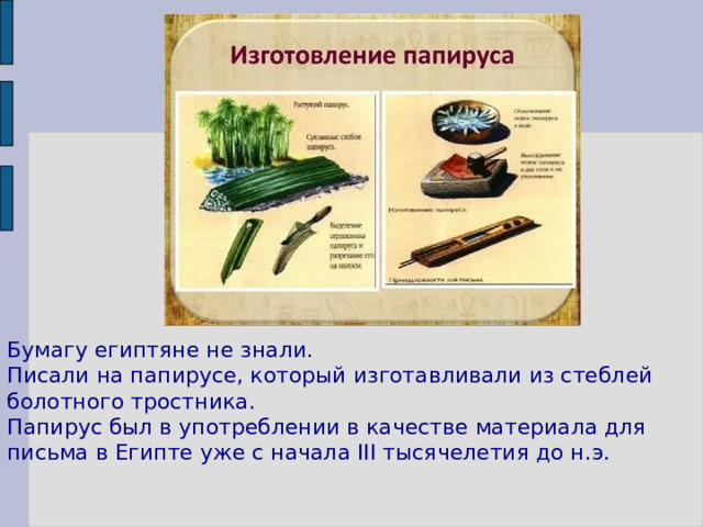 Бумагу египтяне не знали. Писали на папирусе, который изготавливали из стеблей болотного тростника. Папирус был в употреблении в качестве материала для письма в Египте уже с начала III тысячелетия до н.э. 