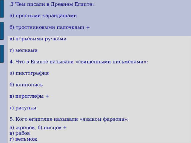 . 3 Чем писали в Древнем Египте: а) простыми карандашами б) тростниковыми палочками + в) перьевыми ручками г) мелками 4. Что в Египте называли «священными письменами»: а) пиктография б) клинопись в) иероглифы + г) рисунки 5. Кого египтяне называли «языком фараона»: а) жрецов, б) писцов + в) рабов г) вельмож 