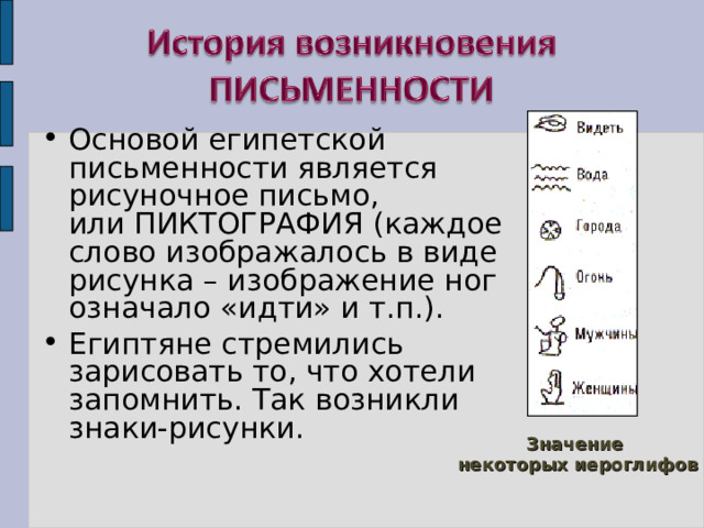 Основой египетской письменности является рисуночное письмо, или ПИКТОГРАФИЯ (каждое слово изображалось в виде рисунка – изображение ног означало «идти» и т.п.). Египтяне стремились зарисовать то, что хотели запомнить. Так возникли знаки-рисунки. Значение некоторых иероглифов 