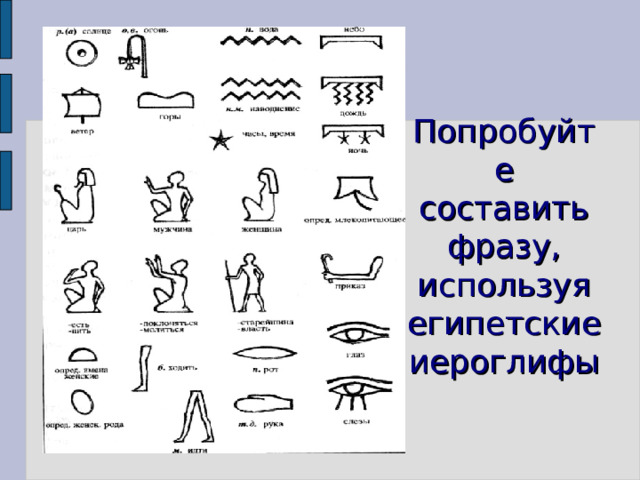 Попробуйте составить фразу, используя египетские иероглифы 