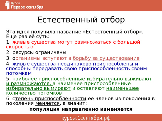 Естественный отбор Эта идея получила название «Естественный отбор». Еще раз её суть: 1. живые существа могут размножаться с большой скоростью 2. ресурсы ограничены 3. о рганизмы вступают в борьбу за существование 4. живые существа неодинаково приспособлены и способны передавать свою приспособленность своим потомкам 5. наиболее приспособленные избирательно выживают и размножаются, а наименее приспособленные избирательно вымирают и оставляют наименьшее количество потомков 6. с тепень приспособленности ее членов из поколения в поколения меняется , а значит: популяция направленно изменяется 