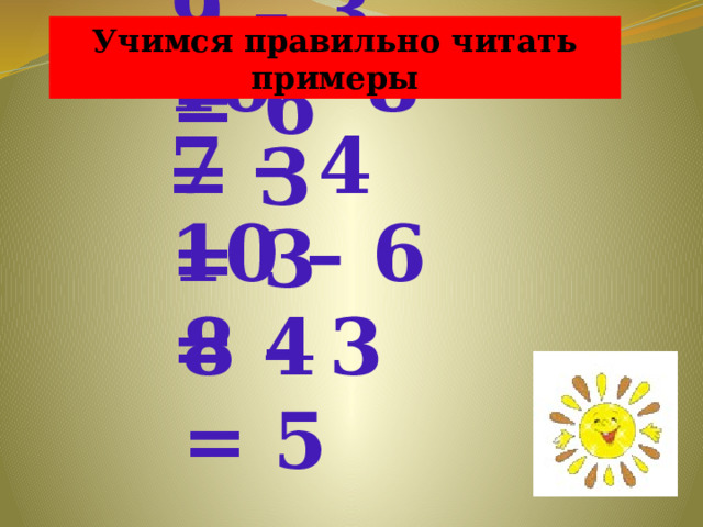 Учимся правильно читать примеры 9 – 3 = 6 10 – 8 = 3 7 – 4 = 3 10 – 6 = 4 8 – 3 = 5 