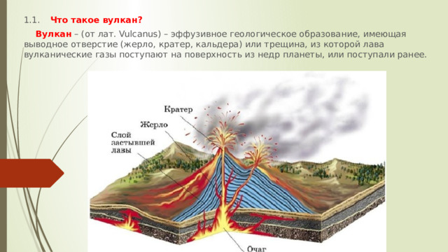 1.1.   Что такое вулкан?  Вулкан – (от лат. Vulcanus) – эффузивное геологическое образование, имеющая выводное отверстие (жерло, кратер, кальдера) или трещина, из которой лава вулканические газы поступают на поверхность из недр планеты, или поступали ранее. 