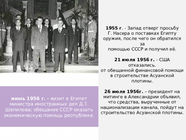 1955 г . - Запад отверг просьбу Г. Насера о поставках Египту оружия, после чего он обратился за помощью СССР и получил её.  21 июля 1956 г. - США отказались. от обещанной финансовой помощи в строительстве Асуанской плотины. 26 июля 1956г. – президент на митинге в Александрии объявил, что средства, вырученные от национализации канала, пойдут на строительство Асуанской плотины. июнь 1956 г. - визит в Египет министра иностранных дел Д.Т. Шепилова; обещание СССР оказать экономическую помощь республике. 