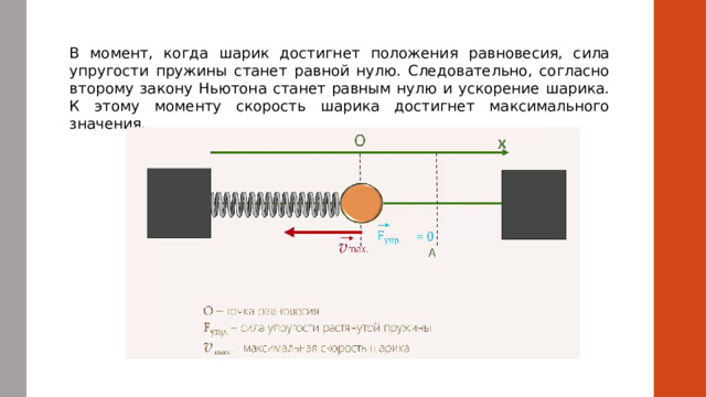 В момент, когда шарик достигнет положения равновесия, сила упругости пружины станет равной нулю. Следовательно, согласно второму закону Ньютона станет равным нулю и ускорение шарика. К этому моменту скорость шарика достигнет максимального значения.  