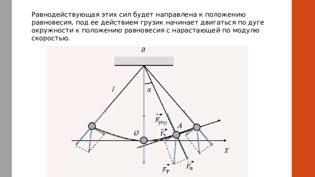 Равнодействующая этих сил будет направлена к положению равновесия, под ее действием грузик начинает двигаться по дуге окружности к положению равновесия с нарастающей по модулю скоростью. 