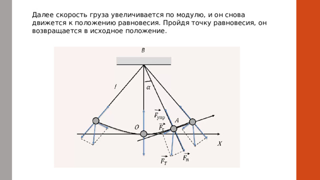 Далее скорость груза увеличивается по модулю, и он снова движется к положению равновесия. Пройдя точку равновесия, он возвращается в исходное положение.  
