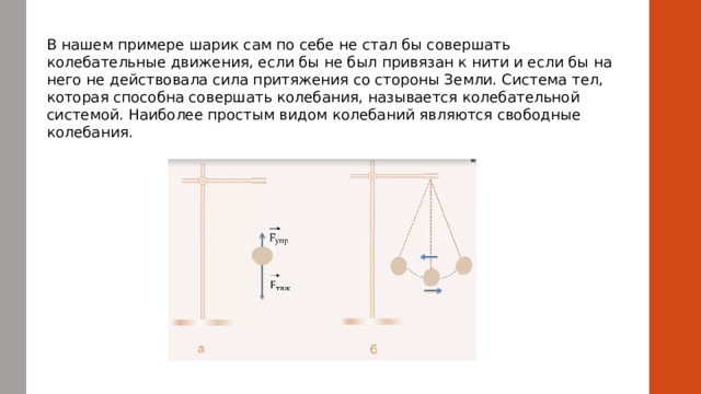 В нашем примере шарик сам по себе не стал бы совершать колебательные движения, если бы не был привязан к нити и если бы на него не действовала сила притяжения со стороны Земли. Система тел, которая способна совершать колебания, называется колебательной системой. Наиболее простым видом колебаний являются свободные колебания.  