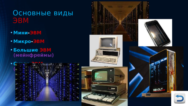 Основные виды ЭВМ Мини - ЭВМ Микро - ЭВМ Большие  ЭВМ  (мейнфреймы) Супер  ЭВМ  (суперкомпьютеры) 