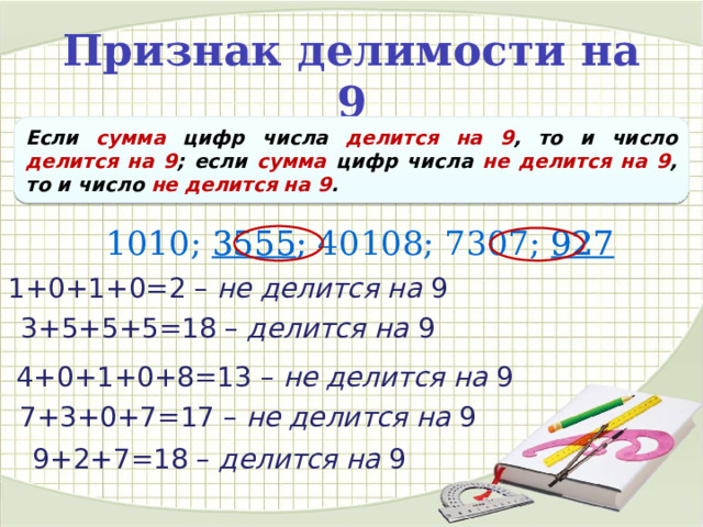 Признак делимости на 9 Если сумма цифр числа делится  на 9 , то и число делится на 9 ; если сумма цифр числа не делится на 9 , то и число не делится на 9 . 1010;  3555 ; 40108; 7307; 927 1010; 3555; 40108; 7307; 927 1+0+1+0=2 – не делится на 9 3+5+5+5=18 – делится на 9 4+0+1+0+8=13 – не делится на 9 7+3+0+7=17 – не делится на 9 9+2+7=18 – делится на 9 