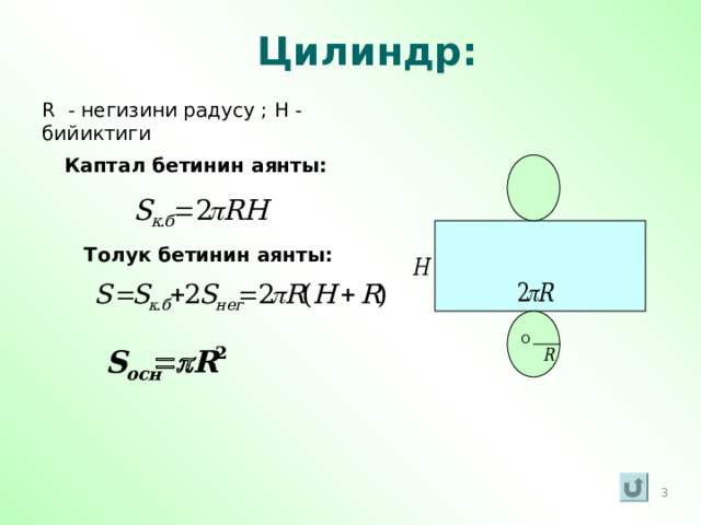 Цилиндр:  R - негизини радусу ; H - бийиктиги Каптал бетинин аянты:  Толук бетинин аянты:  O 3 