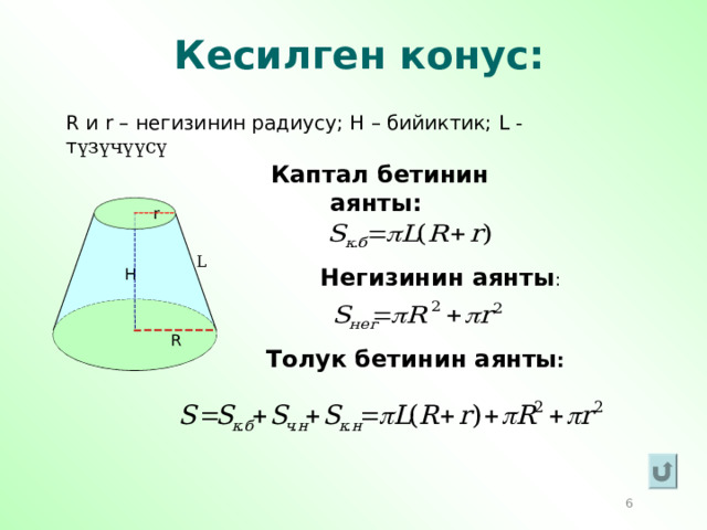 Кесилген конус: R и r – негизинин радиусу; Н  – бийиктик; L - т үзүчүүсү Каптал бетинин аянты:  r L Негизинин аянты : Н R Толук бетинин аянты :  6 