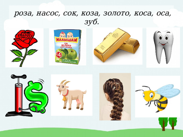  роза, насос, сок, коза, золото, коса, оса, зуб. 