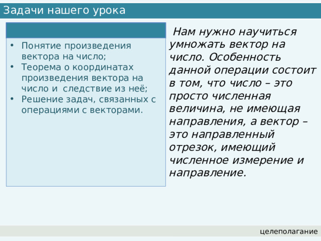 Задачи нашего урока  Нам нужно научиться умножать вектор на число. Особенность данной операции состоит в том, что число – это просто численная величина, не имеющая направления, а вектор – это направленный отрезок, имеющий численное измерение и направление. Понятие произведения вектора на число; Теорема о координатах произведения вектора на число и следствие из неё; Решение задач, связанных с операциями с векторами. целеполагание 