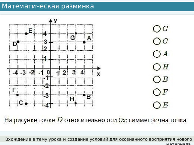 Математическая разминка Вхождение в тему урока и создание условий для осознанного восприятия нового материала. 