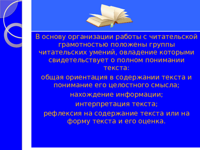 В основу организации работы с читательской грамотностью положены группы читательских умений, овладение которыми свидетельствует о полном понимании текста: общая ориентация в содержании текста и понимание его целостного смысла; нахождение информации; интерпретация текста; рефлексия на содержание текста или на форму текста и его оценка. 