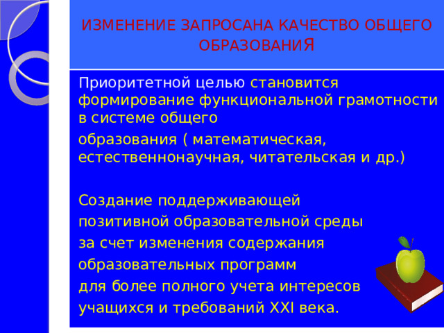 ИЗМЕНЕНИЕ ЗАПРОСАНА КАЧЕСТВО ОБЩЕГО ОБРАЗОВАНИ Я Приоритетной целью становится  формирование функциональной грамотности в системе общего образования ( математическая, естественнонаучная, читательская и др.) Создание поддерживающей позитивной образовательной среды за счет изменения содержания образовательных программ для более полного учета интересов учащихся и требований XXI века.  