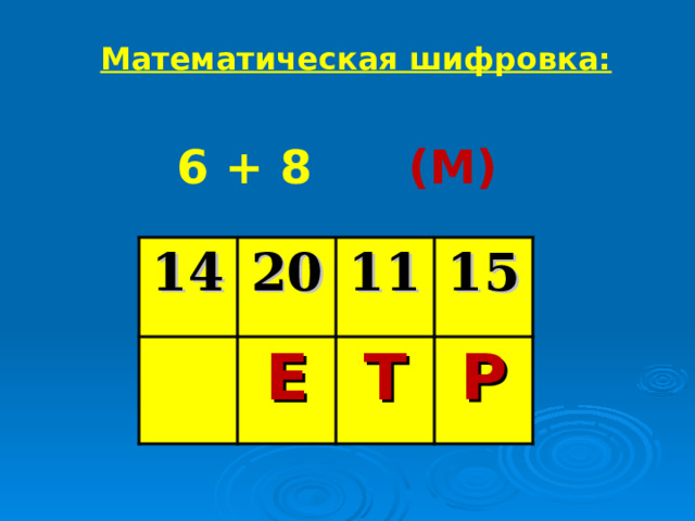 Математическая шифровка: 6 + 8 (М) 14 20 11 Е 15 Т Р 