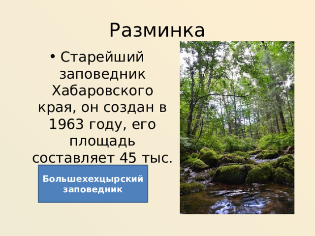 Разминка Старейший заповедник Хабаровского края, он создан в 1963 году, его площадь составляет 45 тыс. гектаров.  Большехехцырский заповедник 