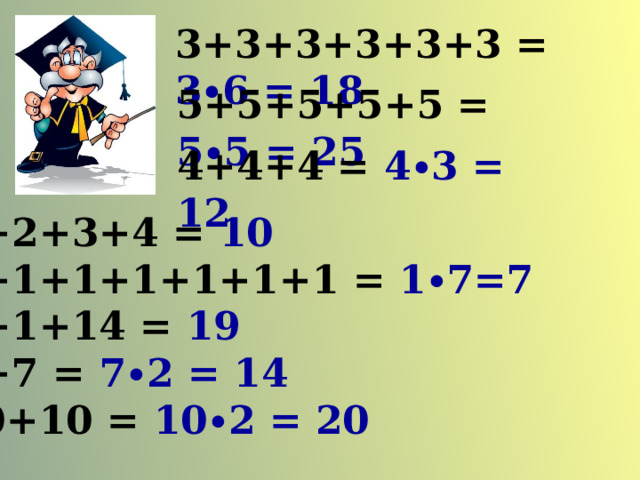 3+3+3+3+3+3 = 3∙6 = 18 5+5+5+5+5 = 5∙5 = 25 4+4+4 = 4∙3 = 12 1+2+3+4 = 10 1+1+1+1+1+1+1 = 1∙7=7 4+1+14 = 19 7+7 = 7∙2 = 14 10+10 = 10∙2 = 20 