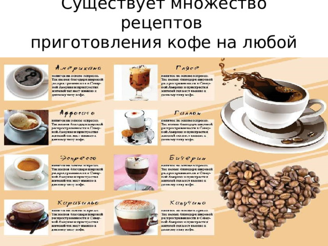 Существует множество рецептов  приготовления кофе на любой вкус 