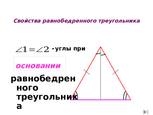 : Свойства равнобедренного треугольника    -  углы при A основании равнобедренного треугольника 2 1 D C B 21 