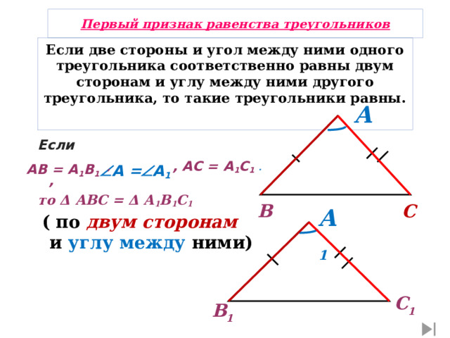 Первый признак равенства треугольников Если две стороны и угол между ними одного треугольника соответственно равны двум сторонам и углу между ними другого треугольника, то такие треугольники равны.   А  Если  , . , то Δ АВС = Δ А 1 В 1 С 1  , АС = А 1 С 1  АВ = А 1 В 1  А =  А 1  В С А 1  ( по двум сторонам и углу  между ними) С 1 В 1 21 