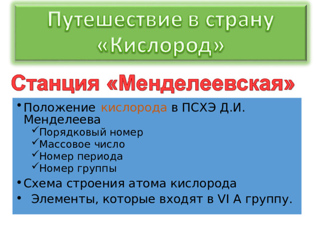 Положение  кислорода в ПСХЭ Д.И. Менделеева Порядковый номер Массовое число Номер периода Номер группы Порядковый номер Массовое число Номер периода Номер группы Схема строения атома кислорода   Элементы, которые входят в VI А группу. 