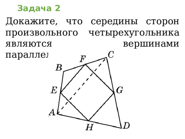 Задача 2 Докажите, что середины сторон произвольного четырехугольника являются вершинами параллелограмма. В режиме слайдов ответы появляются после кликанья мышкой  