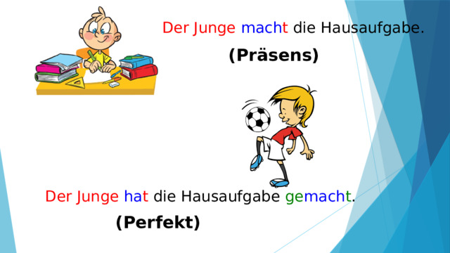 Der Junge  mach t die Hausaufgabe. (Präsens) Der Junge ha t die Hausaufgabe ge mach t . (Perfekt) 