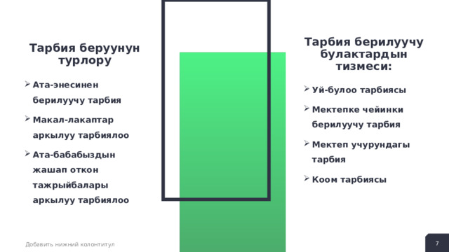 Тарбия беруунун турлору Тарбия берилуучу булактардын тизмеси: Ата-энесинен берилуучу тарбия Макал-лакаптар аркылуу тарбиялоо Ата-бабабыздын жашап откон тажрыйбалары аркылуу тарбиялоо  Уй-булоо тарбиясы Мектепке чейинки берилуучу тарбия Мектеп учурундагы тарбия Коом тарбиясы 5 Добавить нижний колонтитул 