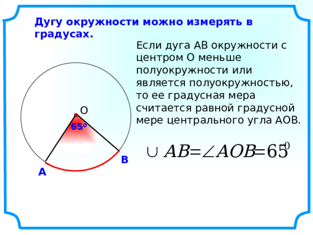 Дугу окружности можно измерять в градусах. Если дуга АВ окружности с центром О меньше полуокружности или является полуокружностью, то ее градусная мера считается равной градусной мере центрального угла АОВ.  О 65 0 65 0 В А 5 