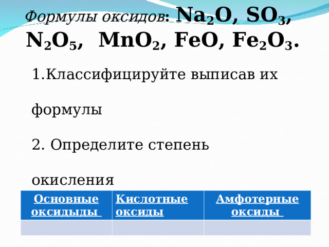 Формулы оксидов : Na 2 O, SO 3 , N 2 O 5 , MnO 2 , FeO, Fe 2 O 3 . 1.Классифицируйте выписав их формулы 2. Определите степень окисления 3. Назовите оксиды Основные оксидыды Кислотные оксиды Амфотерные оксиды 