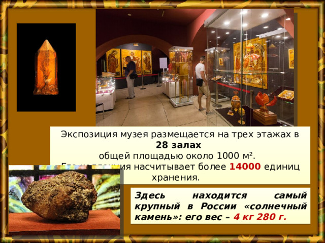 Экспозиция музея размещается на трех этажах в 28 залах общей площадью около 1000 м². Его коллекция насчитывает более 14000 единиц хранения. Здесь находится самый крупный в России «солнечный камень»: его вес – 4 кг 280 г. 