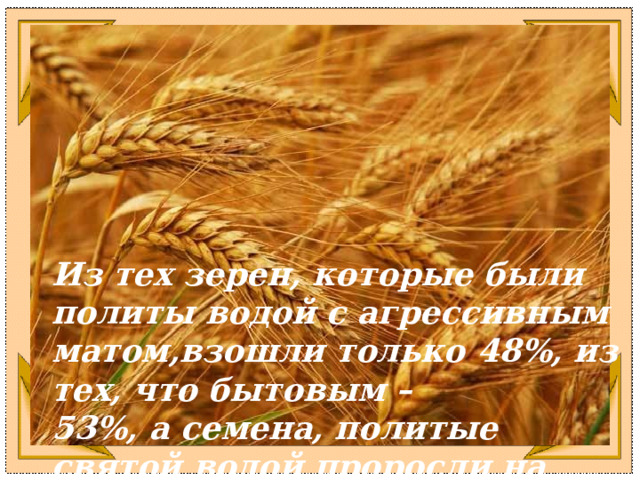 Из тех зерен, которые были политы водой с агрессивным матом,взошли только 48%, из тех, что бытовым – 53%, а семена, политые святой водой проросли на 93%.  