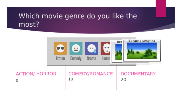 Which movie genre do you like the most? Вставка рисунка Вставка рисунка ACTION/ HORROR COMEDY/ROMANCE DOCUMENTARY 10 20 0 