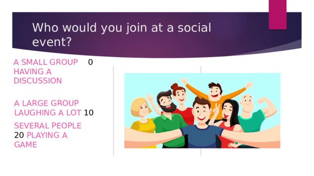 Who would you join at a social event? A SMALL GROUP 0 HAVING A DISCUSSION A LARGE GROUP LAUGHING A LOT 10 SEVERAL PEOPLE 20 PLAYING A GAME 