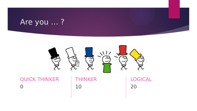 Are you … ? QUICK THINKER CREATIVE THINKER LOGICAL 0 10 20 