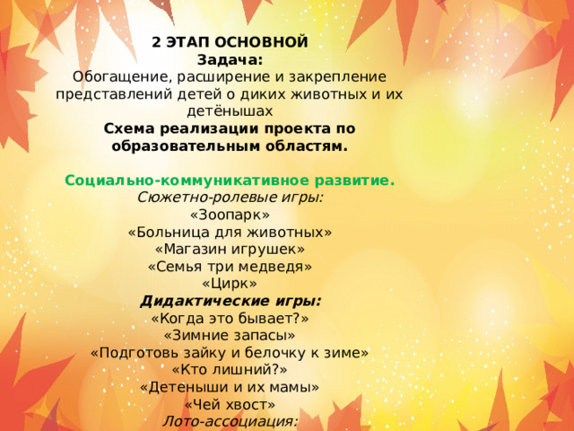 2 ЭТАП ОСНОВНОЙ Задача: Обогащение, расширение и закрепление представлений детей о диких животных и их детёнышах Схема реализации проекта по образовательным областям. Социально-коммуникативное развитие. Сюжетно-ролевые игры: «Зоопарк» «Больница для животных» «Магазин игрушек» «Семья три медведя» «Цирк» Дидактические игры: «Когда это бывает?» «Зимние запасы» «Подготовь зайку и белочку к зиме» «Кто лишний?» «Детеныши и их мамы» «Чей хвост» Лото-ассоциация: «Кто где зимует?» 