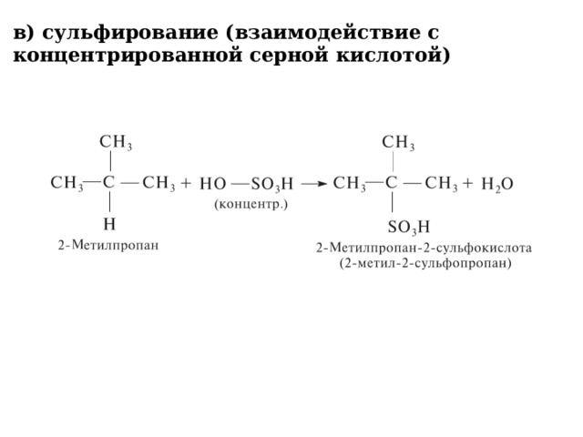 в) сульфирование (взаимодействие с концентрированной серной кислотой)   