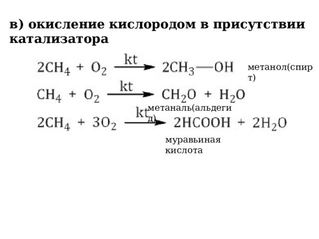 в) окисление кислородом в присутствии катализатора метанол(спирт) метаналь(альдегид) муравьиная кислота 