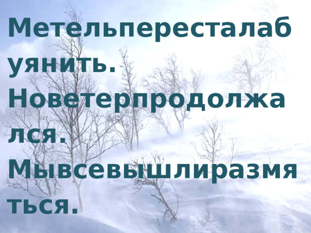 Метельпересталабуянить. Новетерпродолжался. Мывсевышлиразмяться. Разделим слова. Формирование языкового анализа и синтеза.  